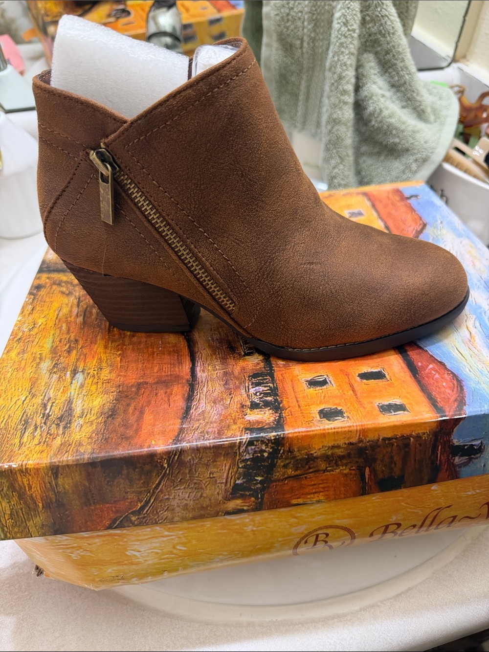 Bella Vita Chestnut Brown Suede Ankle Bootie with Side Zip